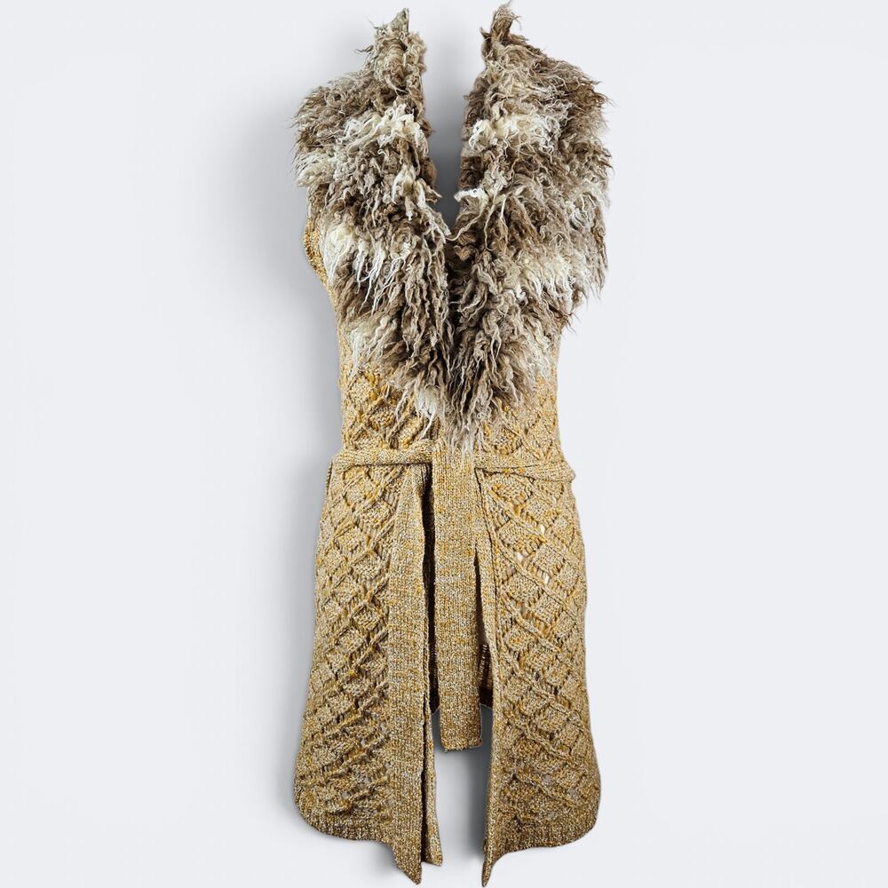Faux Fur-Collar Knit Belted Vest - Beige